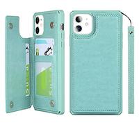 iCoverCase - Custodia a portafoglio per iPhone 11, con supporto per carte di credito, blocco RFID, in pelle PU, con cavalletto magnetico, antiurto, con cinturino da polso, per uomini e donne (menta)