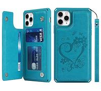 iCoverCase - Custodia a portafoglio per iPhone 11 Pro, con slot per carte di credito, con supporto e funzione di blocco RFID, in pelle goffrata, con cinturino da polso, per donne e uomini, colore: Blu