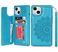 iCoverCase Custodia a portafoglio per iPhone 13 con scomparti per carte di credito, blocco RFID, in pelle sintetica di alta qualità, con supporto magnetico, antiurto, con cinturino da polso, colore: blu mandala