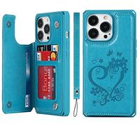 iCoverCase Custodia a portafoglio per iPhone 13 Pro con scomparti per carte di credito, supporto [blocco RFID] in pelle goffrata magnetica antiurto con cinturino da polso (cuore blu)