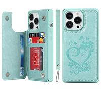 iCoverCase Custodia a portafoglio per iPhone 13 Pro con slot per carte, cavalletto [blocco RFID], custodia magnetica antiurto in pelle goffrata con cinturino da polso, cuore menta)