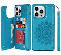 iCoverCase Custodia a portafoglio per iPhone 13 Pro Max con scomparti per carte di credito, blocco RFID, in pelle sintetica di alta qualità, con supporto magnetico, antiurto, con cinturino da polso, colore: blu mandala