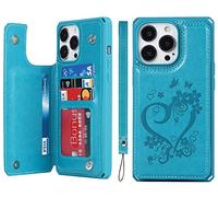 iCoverCase Custodia a portafoglio per iPhone 13 Pro Max con scomparti per carte di credito, supporto [blocco RFID] in pelle goffrata magnetica antiurto con cinturino da polso (cuore blu)
