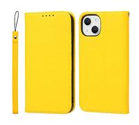 iCoverCase Custodia a portafoglio per iPhone 14 con supporto per carte di credito e cinturino da polso, con blocco RFID in vera pelle flip magnetica per iPhone 14 da 6,1 pollici (giallo)