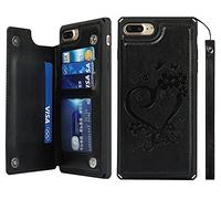 iCoverCase - Custodia a portafoglio per iPhone 8 Plus/7 Plus, con supporto per carte di credito, con blocco RFID, in pelle goffrata, con cinturino da polso, per donne e uomini (cuore nero)