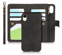 iCoverCase - Custodia a portafoglio per iPhone XR 2 in 1, con chiusura magnetica, tasca con cerniera, antiurto, rimovibile, con cinturino da polso per iPhone XR, colore: Nero