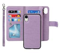 iCoverCase - Custodia a portafoglio per iPhone XR 2 in 1, in pelle PU, con chiusura magnetica, tasca con cerniera, antiurto, rimovibile, con cinturino da polso, per iPhone XR, colore: Viola