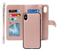 iCoverCase - Custodia a portafoglio per iPhone Xs Max 2 in 1 in pelle PU con chiusura magnetica, tasca con cerniera, antiurto, staccabile con cinturino da polso, per iPhone Xs Max (oro rosa)