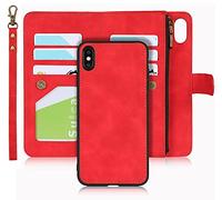 iCoverCase - Custodia a portafoglio per iPhone Xs Max 2 in 1 in pelle PU con chiusura magnetica, tasca con cerniera, antiurto, staccabile con cinturino da polso, per iPhone Xs Max (rosso)
