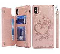 iCoverCase - Custodia a portafoglio per iPhone Xs Max con slot per carte di credito, con supporto e blocco RFID, in pelle goffrata, con cinturino da polso, per donne e uomini (cuore oro rosa)