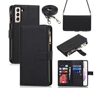 iCoverCase Custodia a portafoglio per Samsung Galaxy S21 con porta carte, funzione cavalletto, custodia in pelle PU con cordino regolabile chiusura magnetica con cerniera tasca flip cover (nero)