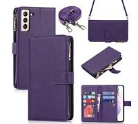 iCoverCase Custodia a portafoglio per Samsung Galaxy S21 Plus con porta carte, funzione cavalletto, custodia in pelle PU con cordino regolabile chiusura magnetica con cerniera tasca flip cover (viola)