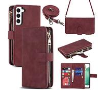 iCoverCase Custodia a portafoglio per Samsung Galaxy S22 con supporto per carte, funzione cavalletto, custodia in pelle PU con cordino regolabile chiusura magnetica con cerniera e tasca flip (Claret)