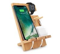 iCozzier Docking station per telefono in bambù per 2 cellulari, organizer da comodino per uomini e donne, contiene più telefoni, Apple Watch e altro ancora, per riporre ordinatamente chiavi, anelli,