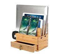 iCozzier - supporto rimovibile per orologi, 4 scomparti, in bambù, con cassetto, stazione di ricarica per dispositivi multipli, per iWatch, smartphone, tablet, computer portatili