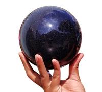 ICXLPMC Blue Goldstone Gemstone Sphere Synthetic Crystal Ball with Wood Stand Crafts Living Room Office Home Decor,7.5~8cm