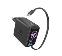 ICY BOX Heart Charge 100 W USB-C GaN Caricatore rapido con display, 2 × USB-C + USB-A Multiport Fast Charger, cavo USB-C retrattile integrato da 70 cm, alimentatore Power Delivery, IB-PS1002