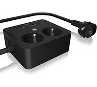 ICY BOX Presa Multipla a 2 Prese con USB-C, Ciabatta da Viaggio, per Montaggio a Tavolo o a Parete, Cavo di prolunga da 1,90 m, Caricabatterie con 3 Porte USB, accendibile e spegnibile