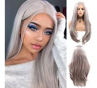 Icy grigio pizzo frontale parrucche per le donne lungo dritto argento grigio resistente al calore fibra senza colla capelli sintetico trascinare regina anime Halloween uso quotidiano 24 pollici