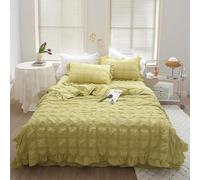 ICY Seersucker Summer Cool Quilt Lace 4-Piece Set(78.7 * 90.6 in), Washable Lightweight and Breathable Bedding Set, with Blanket, Bed Sheet, 2pcs Pillowcase (Mustard green)
