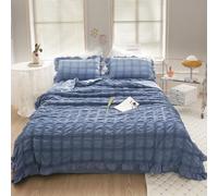 ICY Seersucker Summer Quilt Lace 4-Piece Set,200x230cm Washable ICY Lightweight Bedding Set,Cooling Comforter Soft Breathable Summer Quilt,with Blanket, Bed Sheet, 2pcs Pillowcase (dark blue)