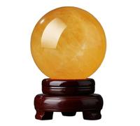 ICYJRFHLTF Fengshui Ornament Yellow Crystal Stone Ball with Wooden Base Polished Citrine Sphere for Magic Photography Family Decorative Halloween Decor,14cm