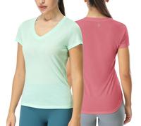 icyzone Maglietta da donna, a maniche corte, con scollo a V, per yoga, casual, sportiva, confezione da 2, Aqua/Velvet Dust, M