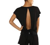 icyzone Maglietta Sportiva Donna Maniche Corte Senza Schienale,T Shirt Regolabile Leggera Casuale Magliette per Corsa Yoga Allenamento (XL,Nero)