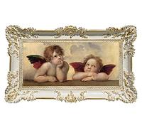 Idea Casa Stampa su Banner Telato Dipinto Raffaello Putti Pensierosi con Cornice in Stile Barocco 96X56 (Bianco/Oro)