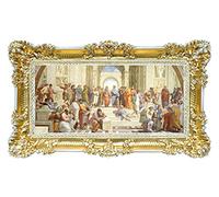 Idea Casa Stampa su Banner Telato Dipinto Raffaello Scuola di Atene con Cornice in Stile Barocco 96X56 (Oro/Bianco)