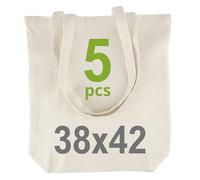 IDEA HOME Set di 5 Borse in Cotone con Fondo Espandibile 38x42cm 220g - Borsa in Tessuto Personalizzabili con Ricami o Pittura - Sacche di Stoffa con Manici Lunghi Riutilizzabili, Colore Naturale