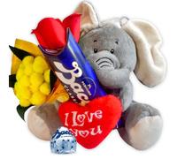 Idea Regalo Fidanzata e Fidanzato - Peluche Elefante 15cm + 37,5gr Baci Perugina + Rosa Rossa + Bouquet di Mimosa - Regalo Uomo|Donna