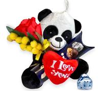 Idea Regalo Maestre - 37,5gr Baci Perugina + Peluche Panda 15cm + Ramo di Mimosa con Rosa Rossa Artificiale | Pasqua 2025 (CLASSICO TUBINO)