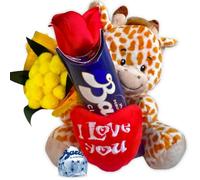 Idea Regalo Maestre - Peluche Giraffa15cm + 37,5gr Baci Perugina + Rosa Rossa + Bouquet di Mimosa - Regalo Uomo|Donna|Mamma