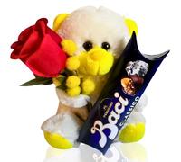 Idea Regalo Maestre - Peluche "Occhi Dolci" Giallo Vivace 16cm + 37,5gr Baci Perugina + Rosa Rossa- Regalo Uomo e Donna