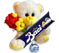 ® Idea Regalo Uomo Donna - Orsacchiotto Giallo + Rametto Mimosa + Rosa Artificia