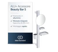 Ideal Standard Alu+ Beauty Bar, Argento, con specchio cosmetico Ø 205 mm | Combinazione di accessori S in alluminio, specchio con ingrandimento 3x, mensole regolabili, bicchiere estraibile