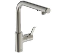 Ideal Standard - Gusto iMX Miscelatore cucina, Bocca alta tonda a L, con dispenser di sapone integrato, bocca girevole a 360°, facile da installare con fissaggio EasyFix+, Silver Storm