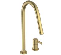 Ideal Standard - Gusto Miscelatore cucina a 2 fori, Bocca alta tonda, con doccetta estraibile e due modalità di getto, bocca girevole a 360°, Collegamento a vite dal basso, Brushed Gold