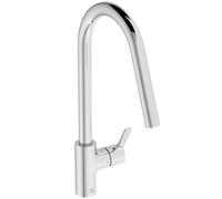 Ideal Standard - Gusto Miscelatore cucina, Bocca alta tonda, con doccetta estraibile, Bassa pressione, bocca girevole a 360°, facile da installare con fissaggio EasyFix+, Cromato