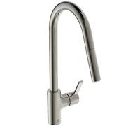 Ideal Standard - Gusto, Miscelatore monocomando per lavello da cucina, Bocca alta tubolare con doccetta orientabile ed estraibile a due funzioni, Silver Storm