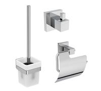 Ideal Standard - IOM SQUARE Set di accessori, composto da Appendino singolo, Portarotolo e Portascopino, Vetro estraibile, Fissaggio nascosto, Supporto in metallo, Cromato