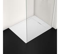 Ideal Standard - Ultra Flat S i.life, Piatto doccia rettangolare 100x80 in resina, Piletta di scarico lato corto, Finitura opaca effetto pietra, Bianco