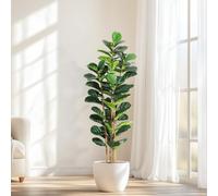 IDEALHOUSE Fico artificiale realistico (Fiddle Leaf Fig) - 56 foglie verdi - Include vaso bianco - Decorazione per soggiorno/ufficio/interni - Dimensioni: 1,5 m