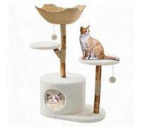IDEALHOUSE Moderno tiragraffi in legno massiccio e rattan, design bohémien, torre da arrampicata a più piani con cestino intrecciato e grotta per gatti, piattaforme e giocattoli, senza rami