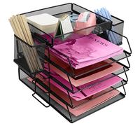 ideallife Portariviste in metallo impilabile, portariviste con 4 scomparti per lettere, scrivania da ufficio, con due portapenne, per ufficio, scuola, casa (4 livelli)