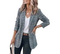 IDEALSANXUN Blazer da donna in tweed casual, motivo scozzese, pied de poule, giacca da lavoro, Blu, Small