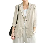 IDEALSANXUN Blazer in Lino di Cotone per Giacche Blazer Casual Allentate a Maniche Lunghe da Donna, Beige, Large