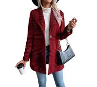 IDEALSANXUN Blazer lungo in lana scozzese per le donne abiti autunnali trench invernale a maniche lunghe casual elegante giacca con risvolto pavone, vino, Small