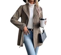 IDEALSANXUN Blazer lungo in lana scozzese per le donne abiti autunnali trench invernale a maniche lunghe casual elegante giacca con risvolto pavone, Beige e marrone., Large